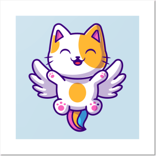 Happy Cat Unicorn Flying Cartoon Posters and Art